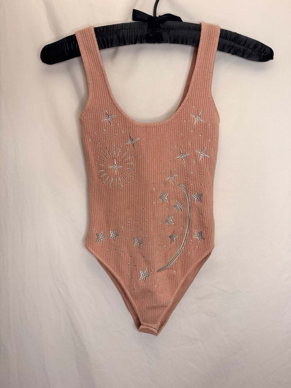 Vintage Forever 21 Ribbed Bodysuit Celestial Star Moon Embroidery Size S